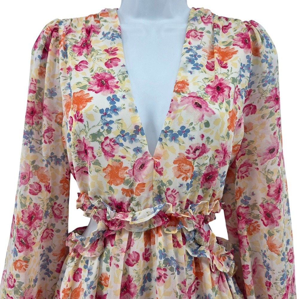 Privy Floral Mini Dress Multi Color Cutout V-Neck Cottagecore Fairycore Boho M - Picture 11 of 12